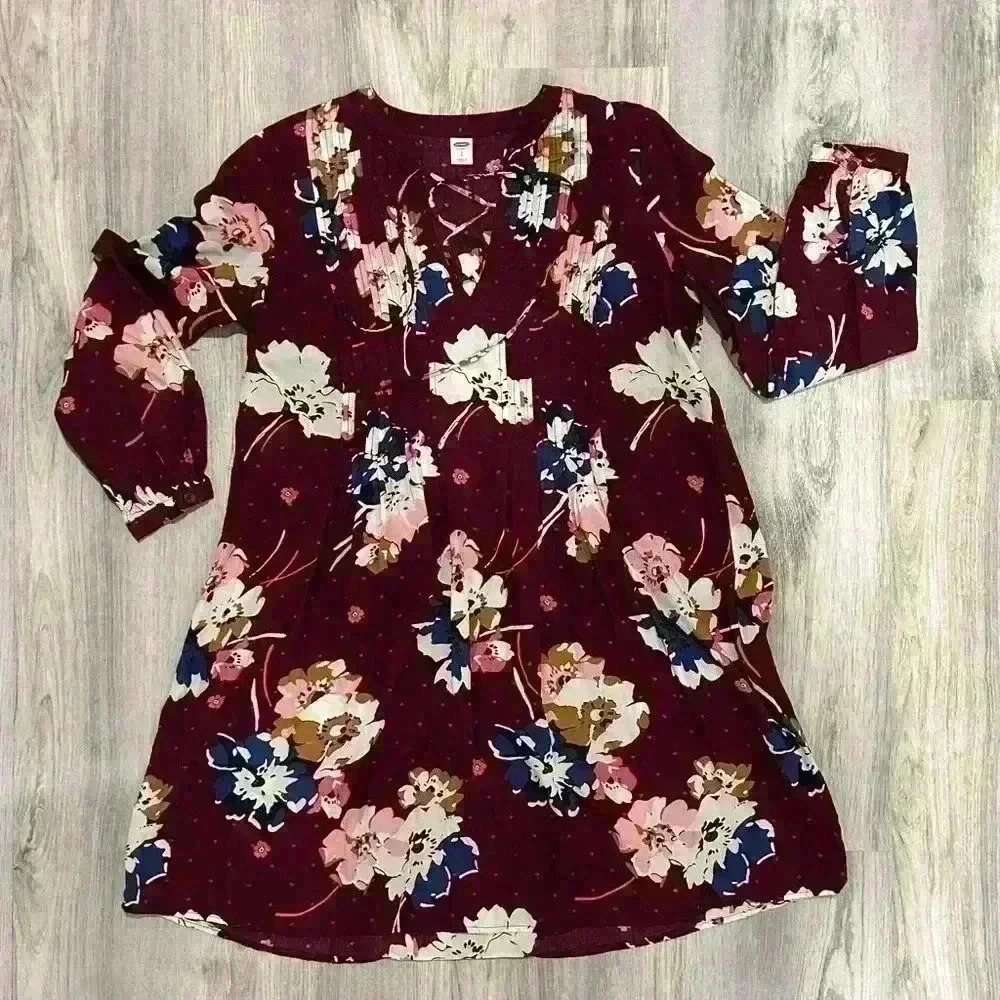 Old Navy Women’s Mini Dress Burgundy Floral 3/4 Sleeve V-Neck Lace Up Size S